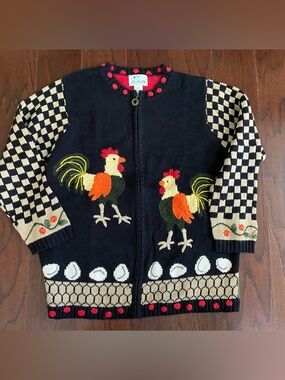 VTG 90s QUACKER FACTORY Western farm animal barn zip Embroidered Cardigan M